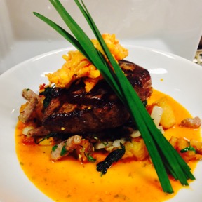 Chipotle Pimento Cheese crusted Fillet Mingon with a Sofrito Vinegerette